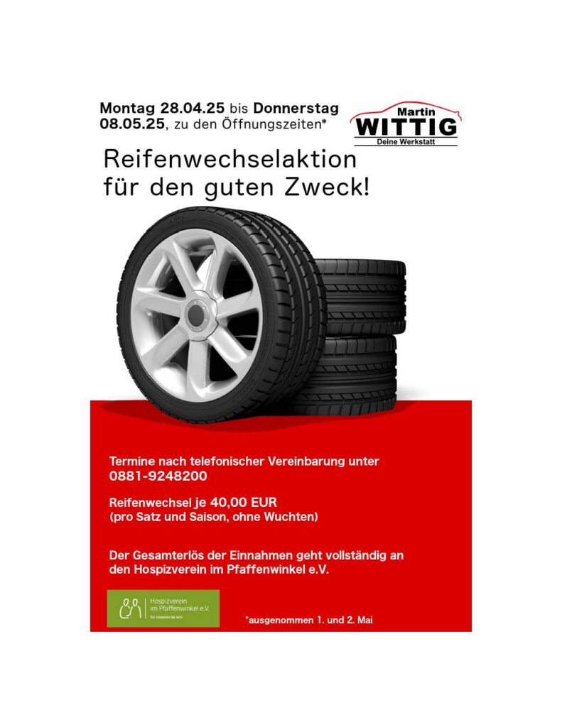 Hospiz Polling - Hospizverein Pfaffenwinkel Charity-Poster mit Autoreifen, Reifensaison 2025, 40 EUR, Kontaktdaten.