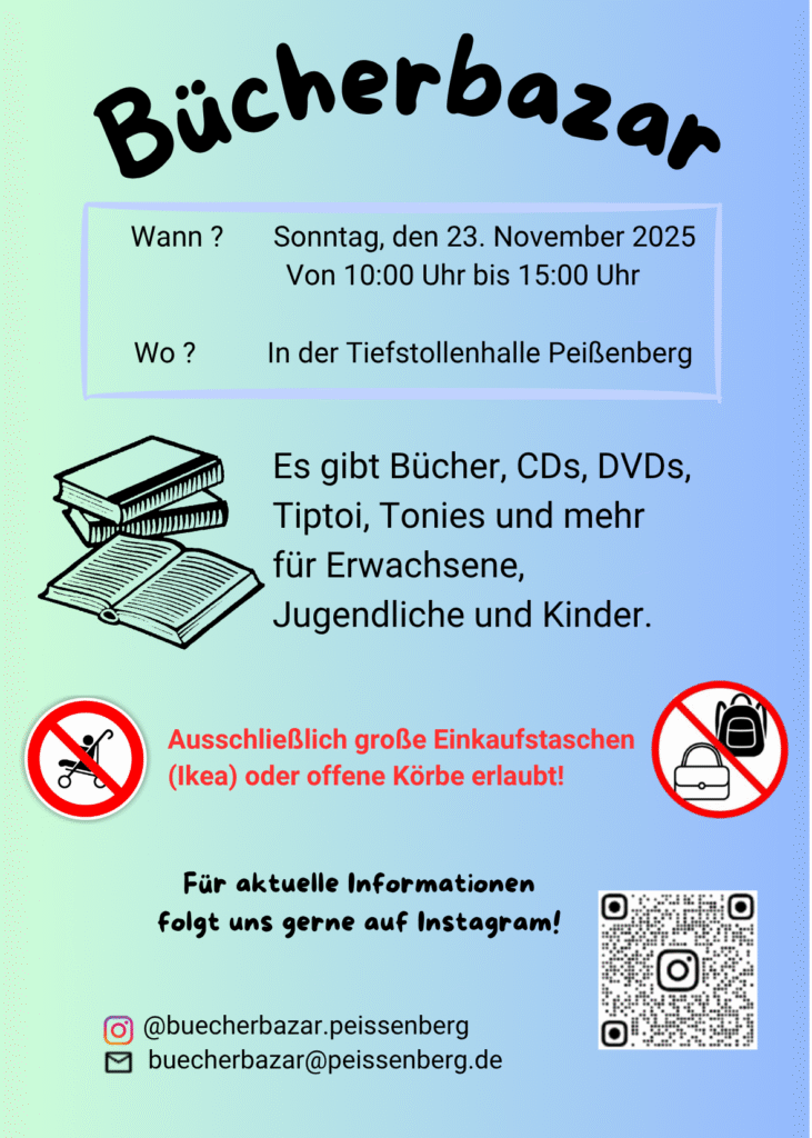 Hospiz Polling - Büchermarkt-Poster mit Eventdetails, Bücherbildern, QR-Code und Hinweis: große IKEA-Taschen verwenden.
