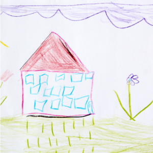 Kinderzeichnung: Haus mit rotem Dach, Blume, lila Wolken. Hospiz Polling - Hospizverein Pfaffenwinkel. Kinderzeichnung: Haus mit rotem Dach, Blume, lila Wolken. Hospiz Polling - Hospizverein Pfaffenwinkel.