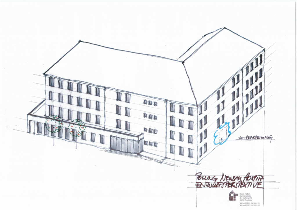 Hospiz Polling - Hospizverein Pfaffenwinkel, gezeichnetes Gebäude mit Logo. Hospiz Polling - Hospizverein Pfaffenwinkel, gezeichnetes Gebäude mit Logo.