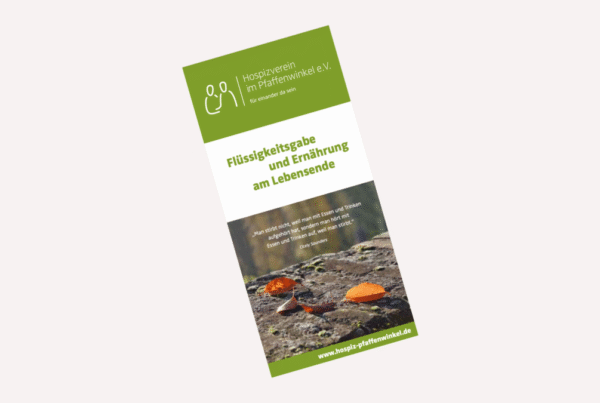Hospiz Polling - Hospizverein Pfaffenwinkel Broschüre mit grünem Titelbalken und Blättern auf Stein.