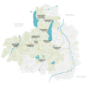 Karte mit markierten Standorten von Hospiz Polling - Hospizverein Pfaffenwinkel.