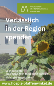 Hospiz Polling - Hospizverein Pfaffenwinkel: Sonnenblumen vor weißem Gebäude, Spendenaufruf, Website.
