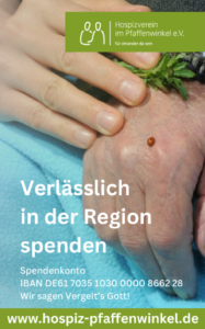 Junge Hand hält ältere Hand, Marienkäfer. Spendenaufruf Hospiz Polling.