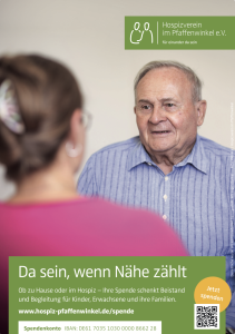 Mann im Gespräch mit Frau, Ehrenamt Hospiz Polling Poster.