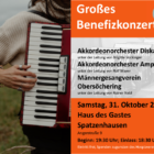 Benefizkonzert in Spatzenhausen am 31. Oktober 2026 mit Akkordeonspielerin und Veranstaltungsplakat