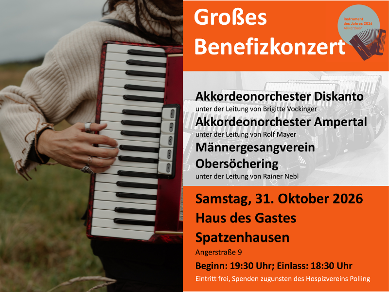 Benefizkonzert in Spatzenhausen am 31. Oktober 2026 mit Akkordeonspielerin und Veranstaltungsplakat